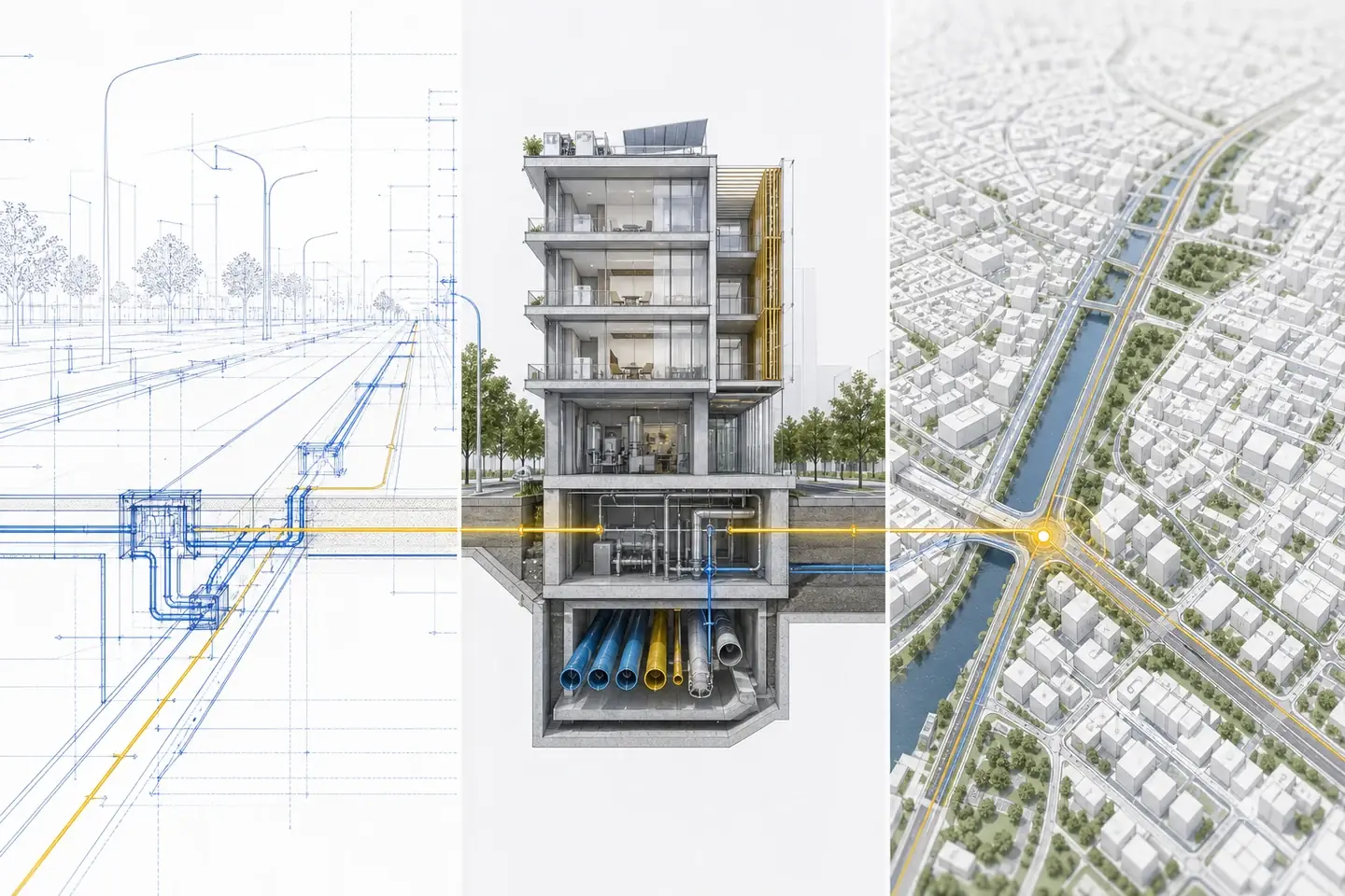 Cùng một công trình được thể hiện qua bản vẽ CAD, mô hình BIM và bối cảnh bản đồ GIS