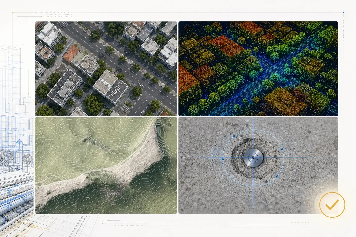 Bốn cửa sổ kiểm định sản phẩm UAV gồm trực ảnh, đám mây điểm, mô hình địa hình và điểm kiểm tra độ chính xác