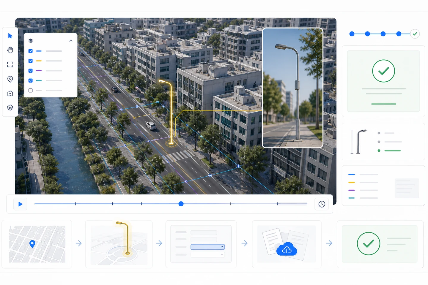 Một tài sản chiếu sáng được chọn trên WebGIS và đi qua các bước bản đồ, cập nhật hồ sơ, gửi duyệt và hoàn tất