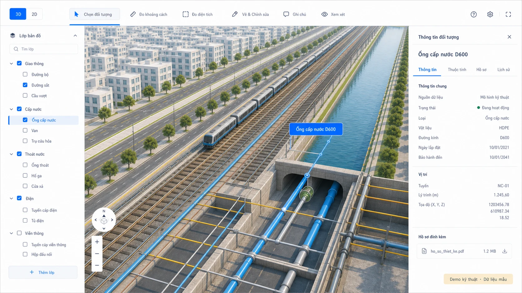 Minh họa hệ thống WebGIS 3D tông sáng quản lý đồng thời đường bộ, đường sắt, điện, cấp nước, thoát nước và các quan hệ hạ tầng nổi ngầm