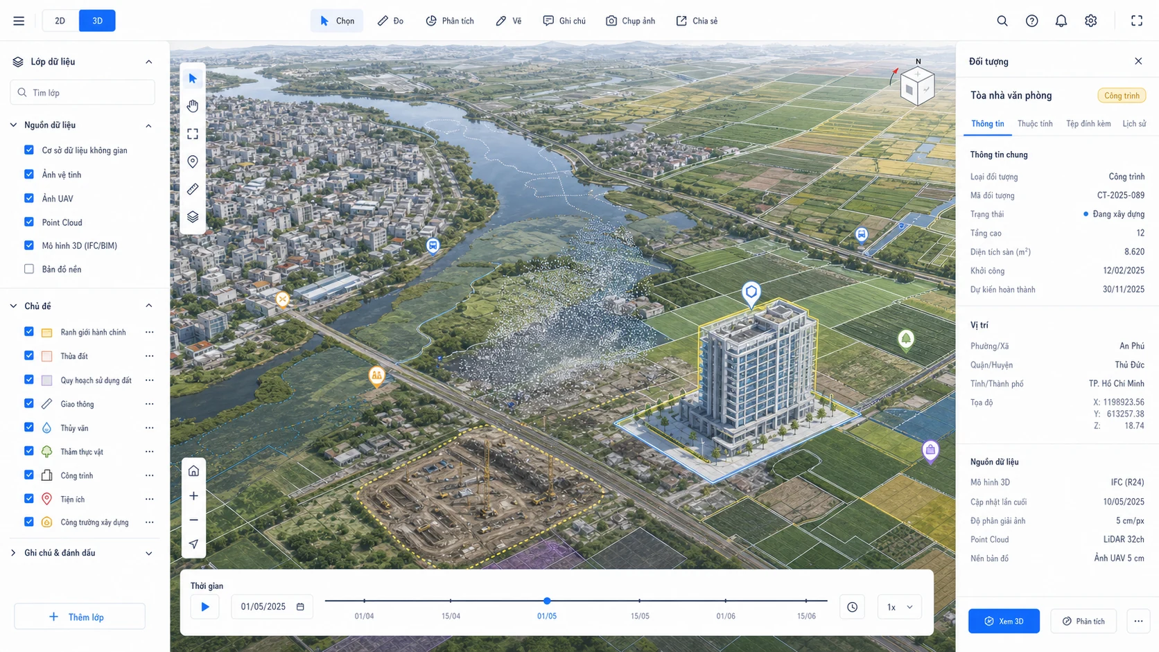 Giao diện WebGIS kết hợp bản đồ 2D, ảnh UAV, đám mây điểm, mô hình IFC/BIM và dữ liệu theo thời gian