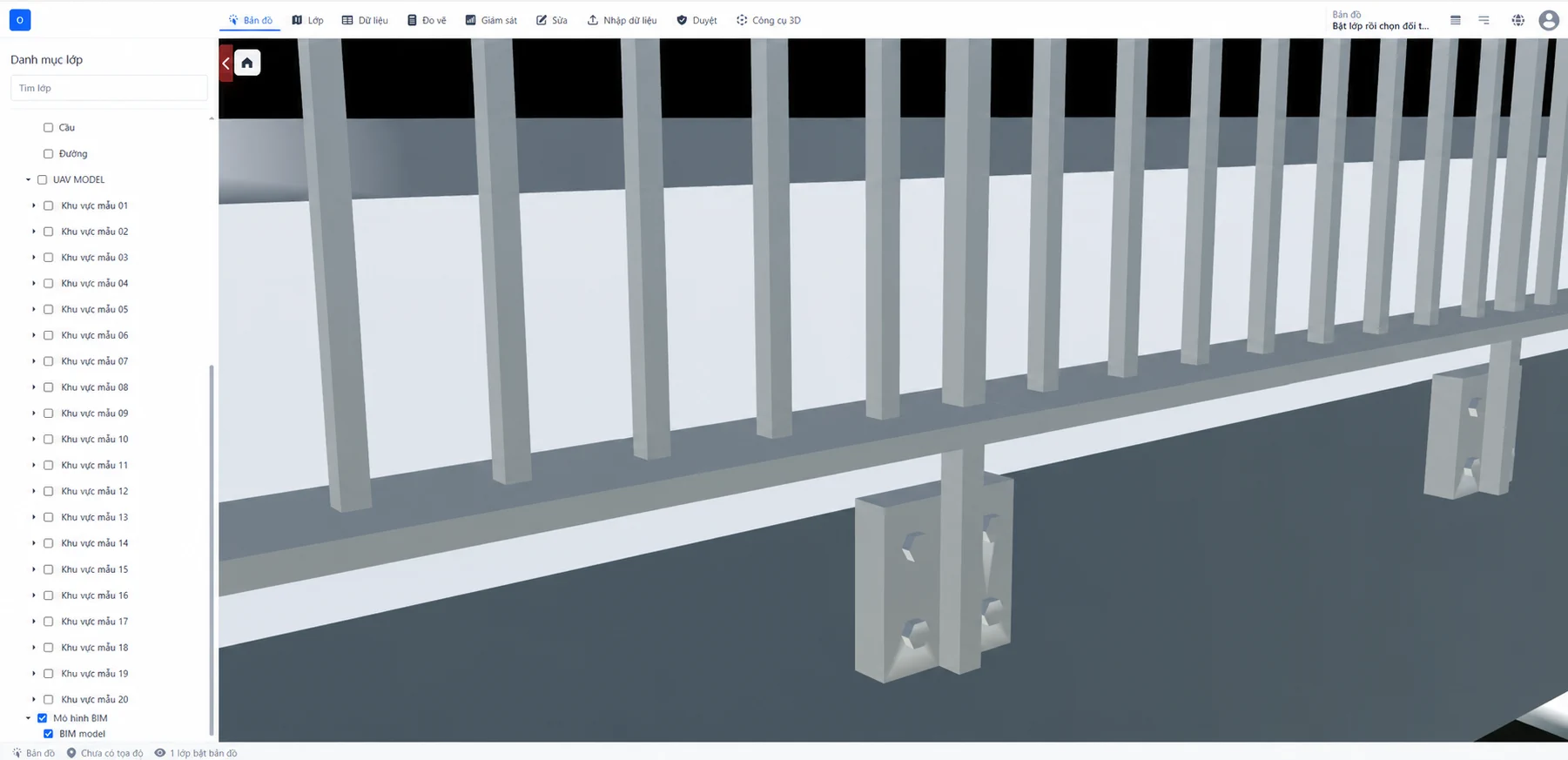 Mô hình BIM hiển thị chi tiết kết cấu trong giao diện bản đồ 3D.