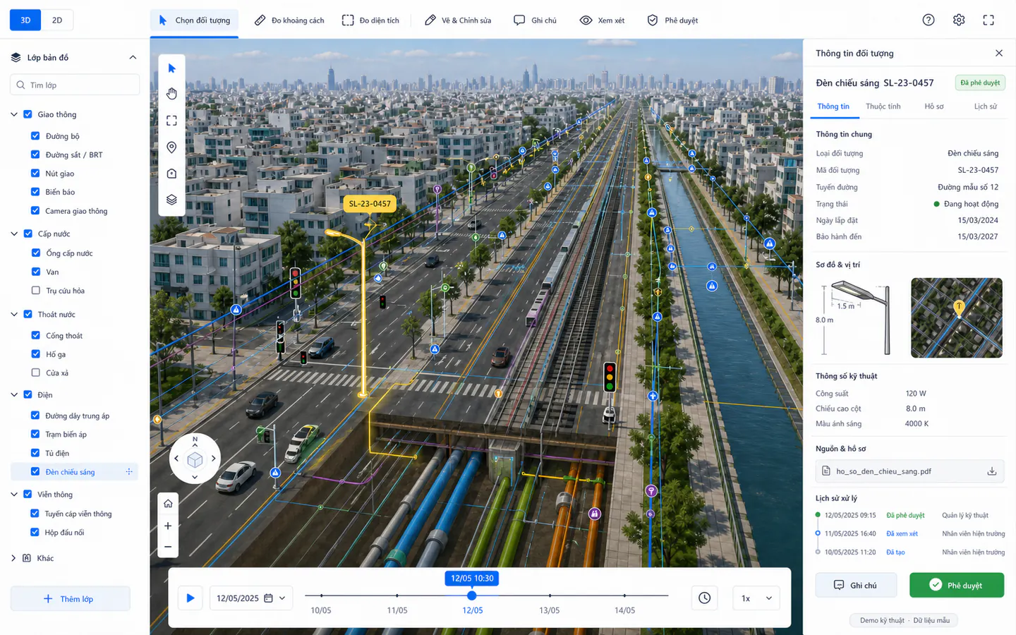 Giao diện WebGIS 3D quản lý hạ tầng kỹ thuật quy mô đô thị, với nhiều lớp dữ liệu và một đèn chiếu sáng đang được chọn